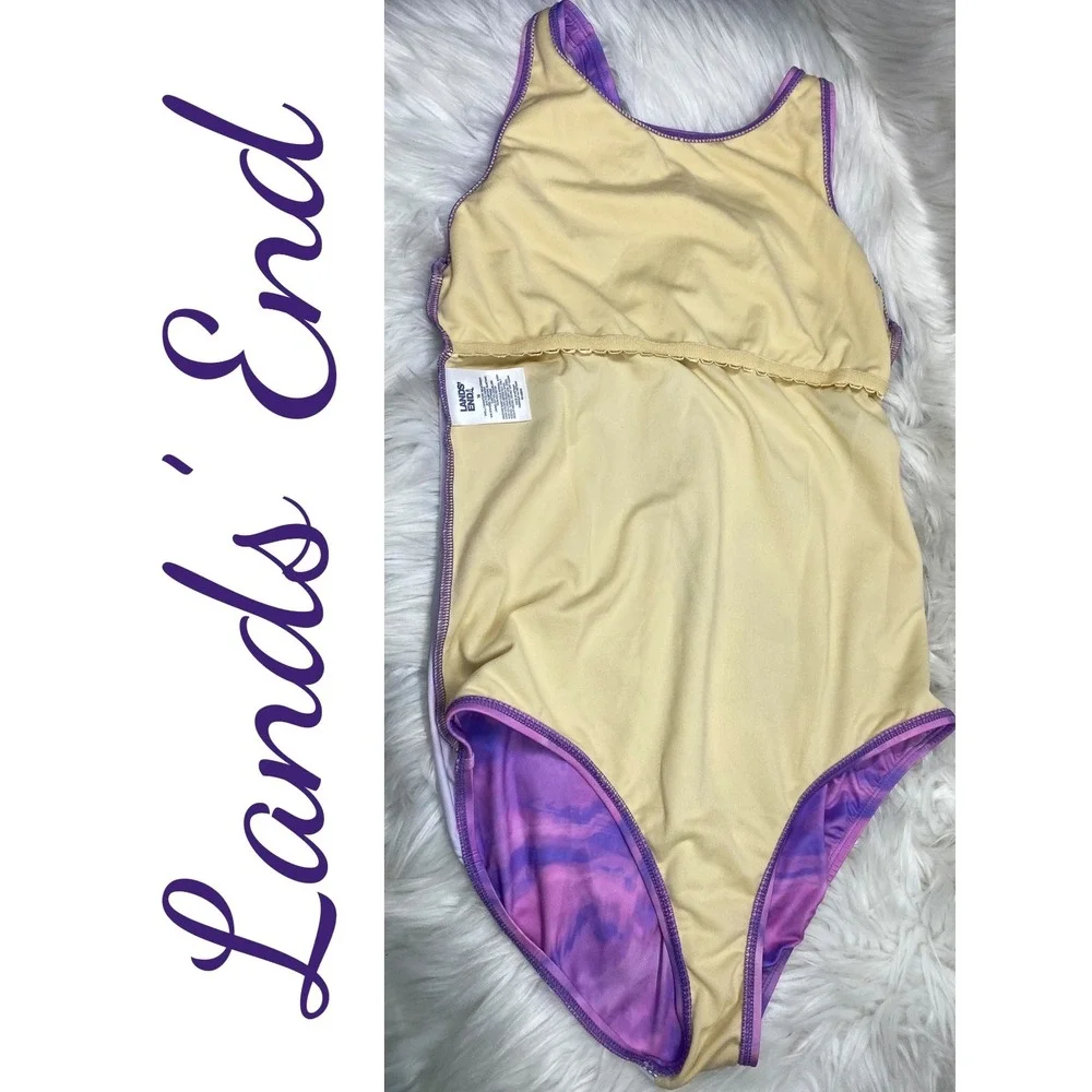 Lands' End‎ Purple Tie Dye One Piece Swimsuit Kids Size 16 Crisscross Straps